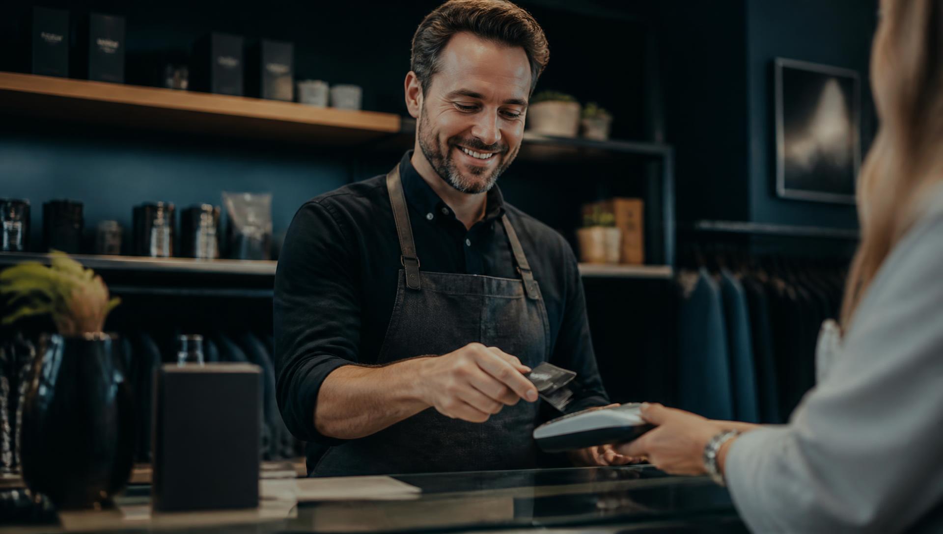 Merchant taking a contactless card payment at the counter